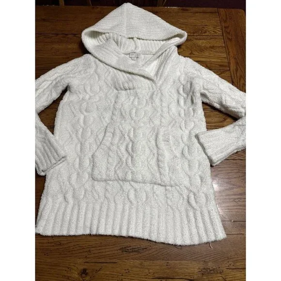 Barefoot Dreams CozyChic Zig Zag Cable Soft Hoodie Sweater sz S Women Ivory 